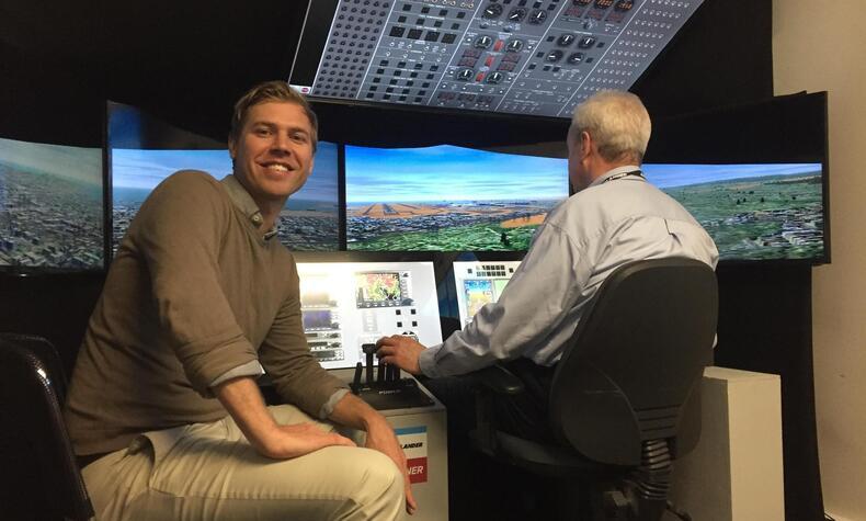 The pilot in the Airlander 10 flight simulator in the hangar at Bedford, Great Britain Carl-Oscar Lawaczeck pilot oceansky airships