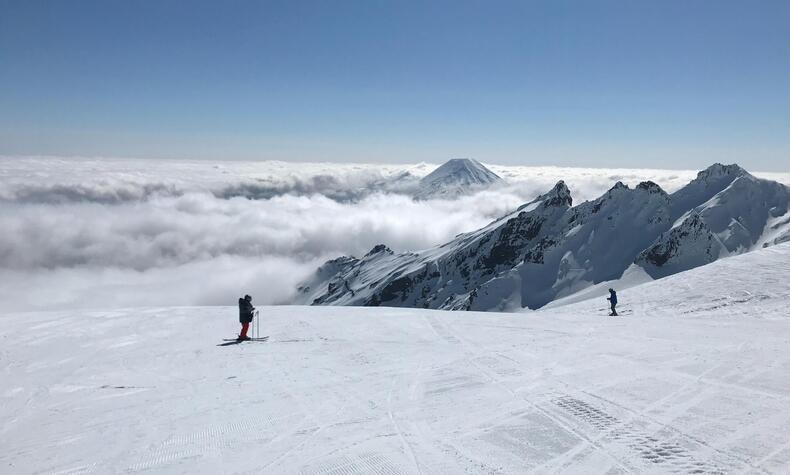 In winter, the snowy slopes of the Ruapehu volcano host one of New Zealand's best ski resorts. Photo: Sarah Evans. ruapehu volcano new zealand