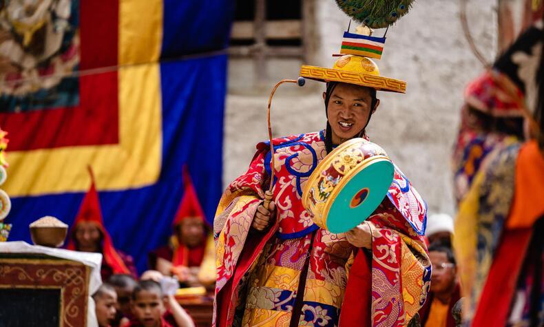 Ritual drum dance at Tiji festival. mustang trip nepal tiji festival