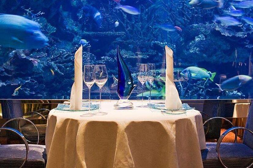 Some of the regular fish for diners have names of their own, such as a Napoleon fish that employees have christened "George". luxury underwater restaurant al mahara dubai