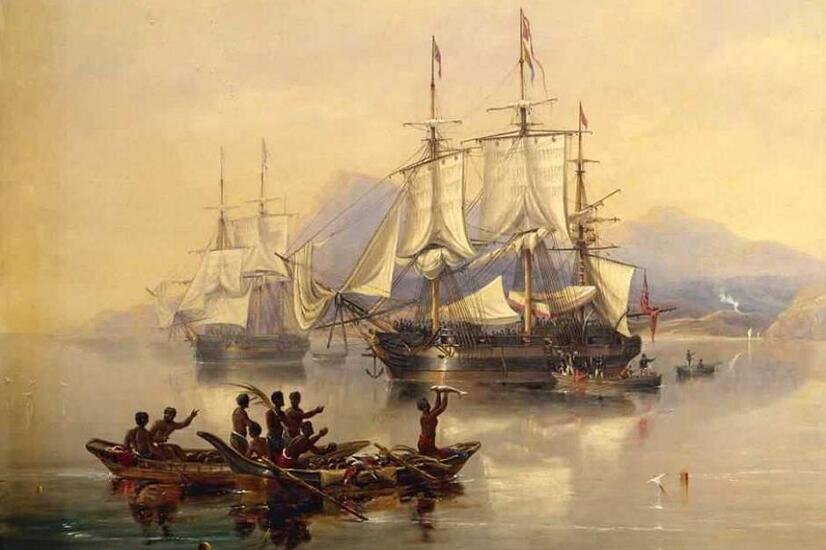 In this engraving, the ships Erebus and Terror can be seen sailing the New Zealand seas. hms erebus and hms terror