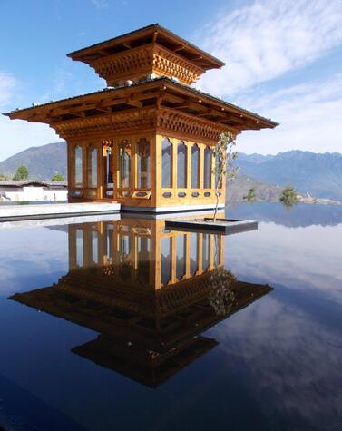 Swimming pool of the Six Senses Hotel in Thimpu. luxury travel butan luxury hotel six senses thimpu Bhutan Happiness