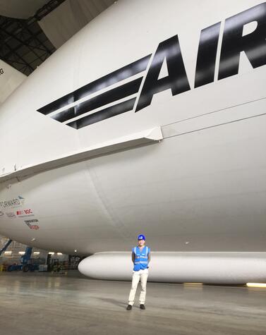 Lawaczeck in the hangar, next to the Airlander 10 airship prototype Carl-Oscar Lawaczeck pilot oceansky airships