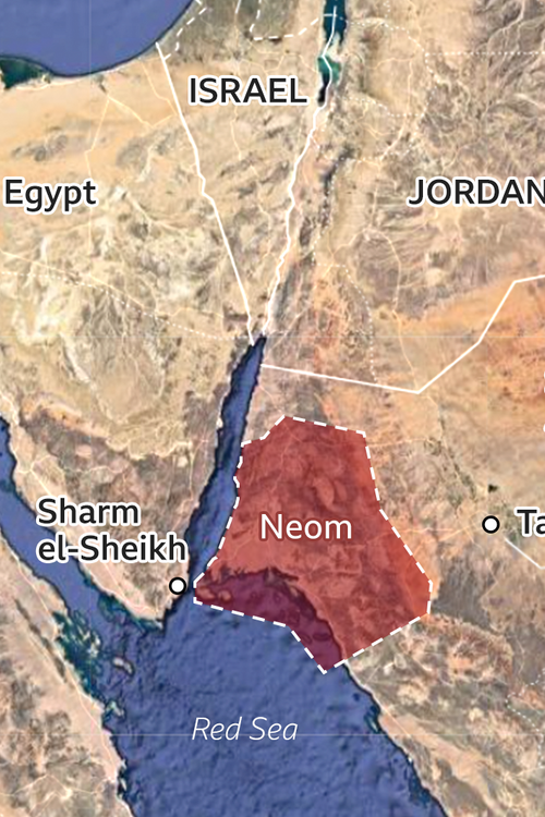 Extension of NEOM in Saudi Arabia. Source: Google Earth and BBC. NEOM extension map Saudi Arabia