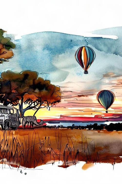 Seeing the awakening of the savannah from the height of a hot air balloon can be enjoyed in several places in Africa without interfering or disturbing the animals. Illustration made with artificial intelligence. In private conservation areas there are more possibilities such as balloon rides.