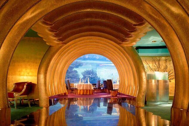 The interior design reflects the luxury of a thousand and one nights under the sea. luxury underwater restaurant al mahara dubai