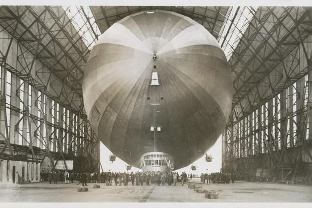 Inside the hangar, the enormous size of the Graf Zeppelin, which made a total of 143 transatlantic flights, can be seen. Pioneer airship Grace Drummond Graf Zeppelin