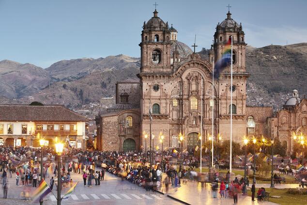 The Catholic churches built during the colonial period in Cuzco are the most important monuments in the city. plaza de armas cuzco peru