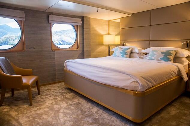 Aqua Blue has 15 exclusive suites with an elegant and minimalist interior design. aqua blu luxury yacht indonesia raja ampat