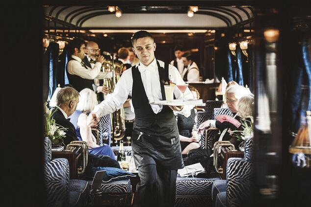 Champagne and music accompany the tour and formal attire is required for a total experience. Venice Simplon-Orient-Express.