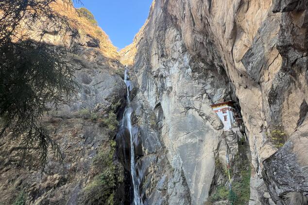 View of waterfall and temple. Tiger's Nest.