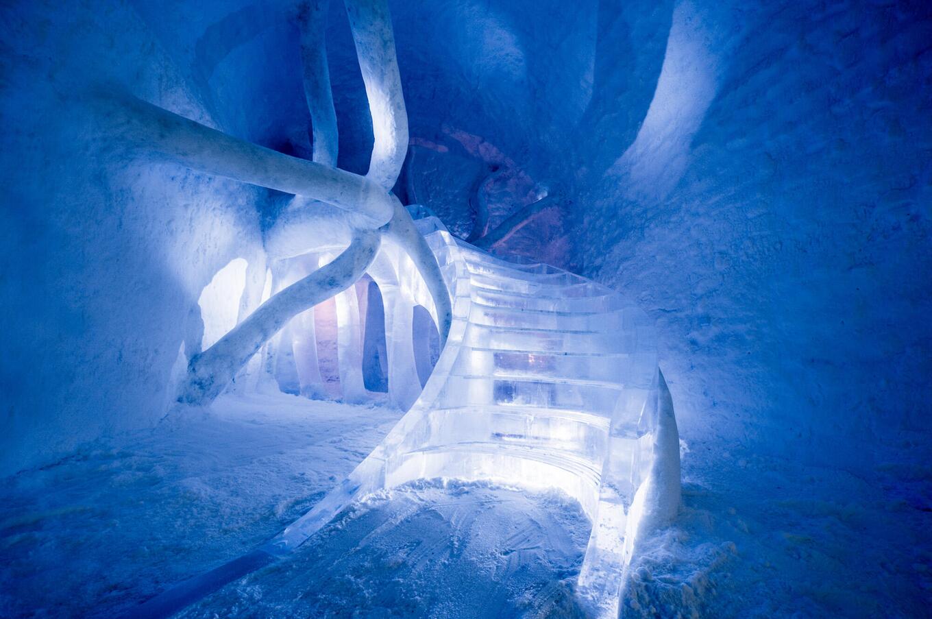 Staircase built from a block of ice in the Icehotel. luxury travel Lapland Art Suite Icehotel Sweden