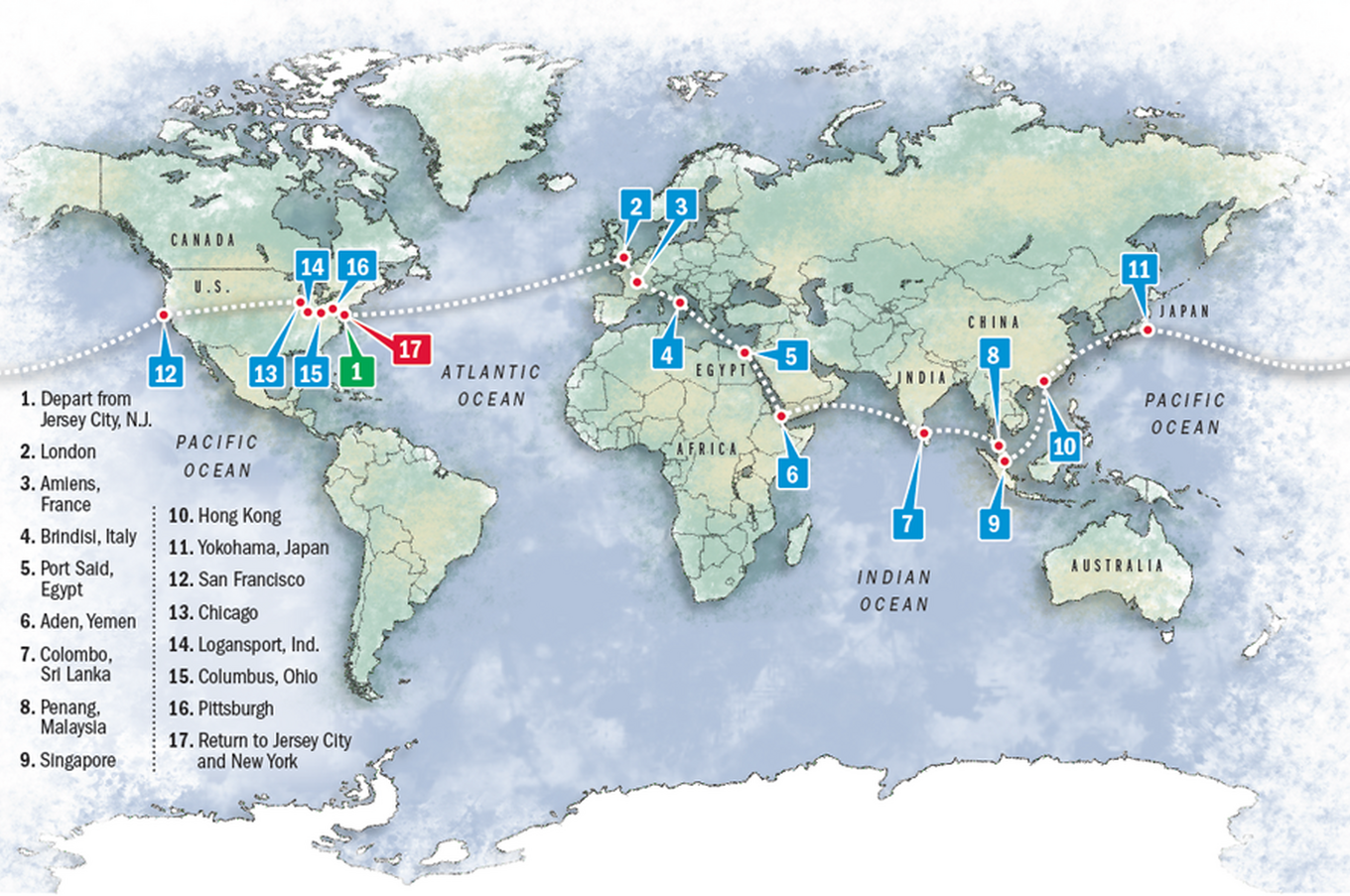 Map showing Nellie Bly's route around the world. Photo: Pittsburgh Post Gazette. around the world of Nellie Bly