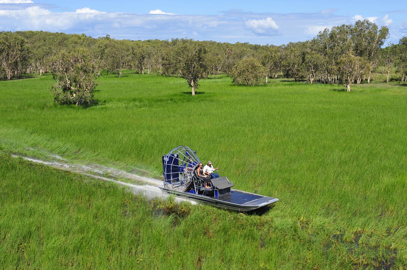 A different kind of safari through the flooded plains of Australia aboard a hovercraft. Photo: Bamurru Plains. bumurro plains hovercraft