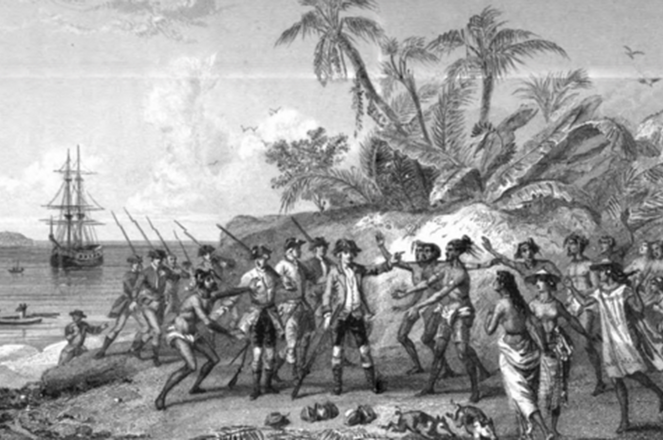 An old engraving depicting the Bougainville expedition upon its arrival on the shores of Tahiti, where Baret's true identity was discovered. An old engraving depicting the Bougainville expedition upon its arrival on the shores of Tahiti, where Baret's true identity was discovered.