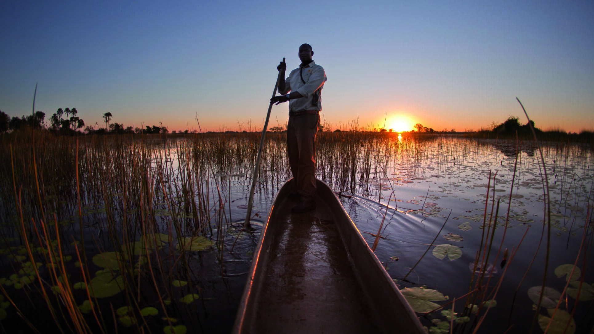 Sunset at Belmond's Eagle Island Camp in Botswana.