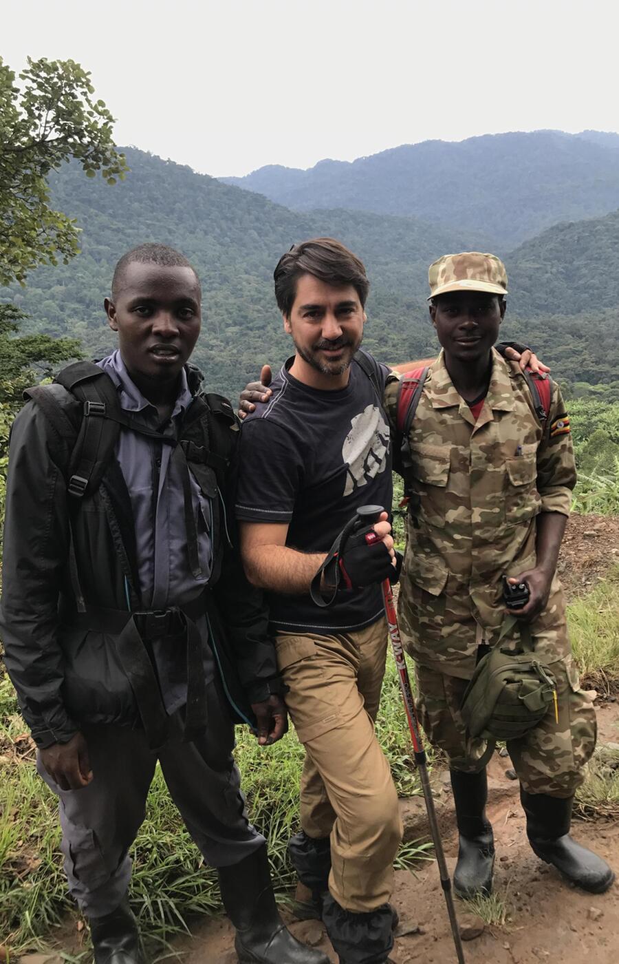Gonzalo Gimeno with two rangers during his visit to Bwindi National Park in Uganda travel uganda mountain gorilla rafiki gonzalo gimeno