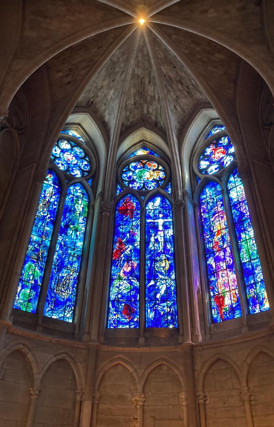 Inside the cathedral you can see 3 stained glass windows painted by Marc Chagall in 1971. notre dame reims cathedral